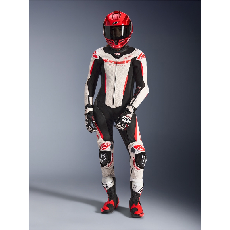 Ženski enodelni usnjen motoristični kombinezon Alpinestars Stella GP-R7 belo-fluo rdeče-črn