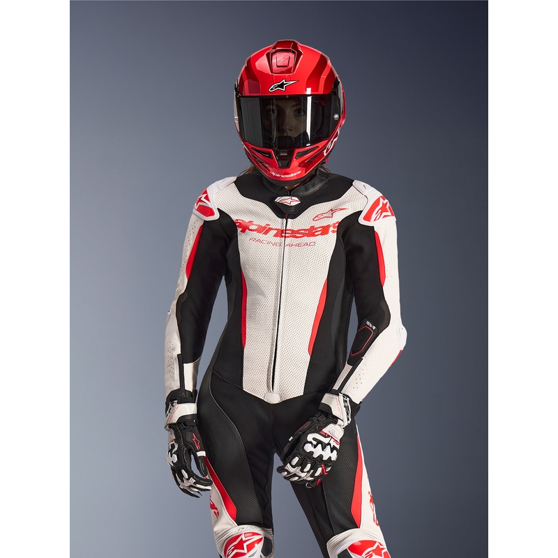 Ženski enodelni usnjen motoristični kombinezon Alpinestars Stella GP-R7 belo-fluo rdeče-črn