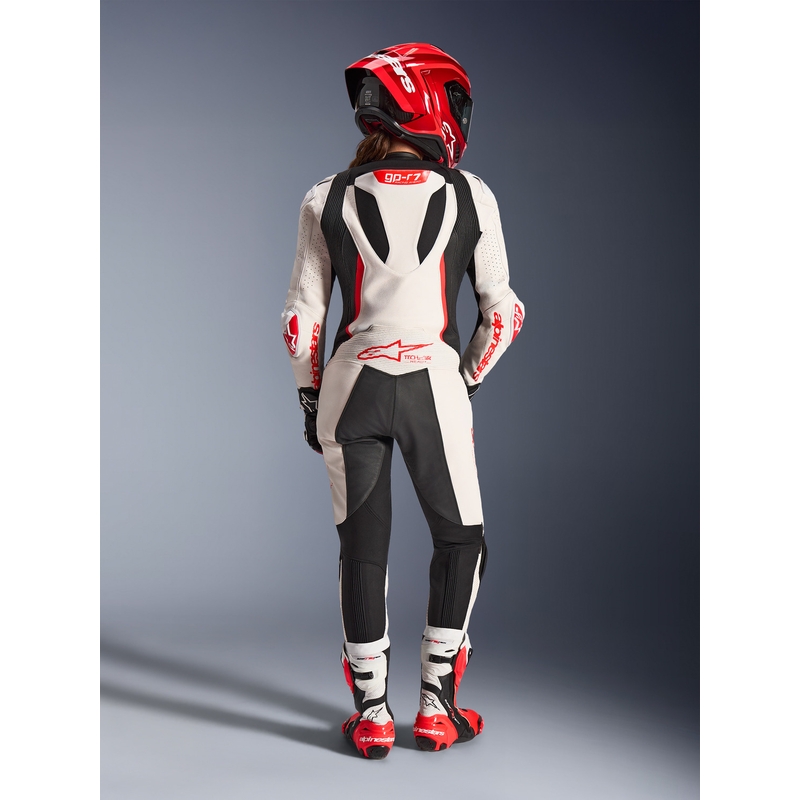 Ženski enodelni usnjen motoristični kombinezon Alpinestars Stella GP-R7 belo-fluo rdeče-črn