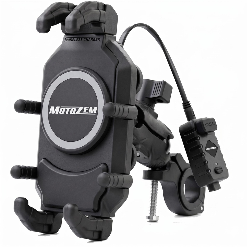 MotoZem Claw PRO antivibracijski nosilec z brezžičnim polnilnikom in USB-C vtičnico črne barve