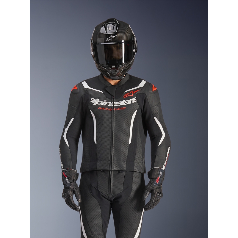 Dvodelni usnjen kombinezon Alpinestars GP Force V2 črno-belo-fluo rdeč
