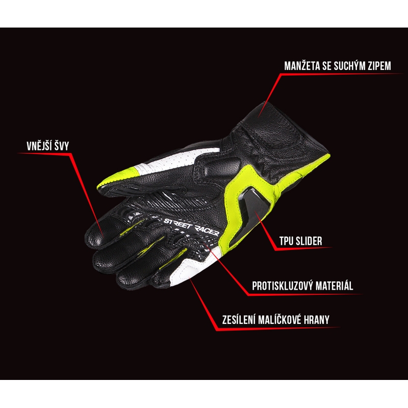 Ženske rokavice Street Racer XTR Black-White-Fluo Yellow Motorcycle Gloves razprodaja