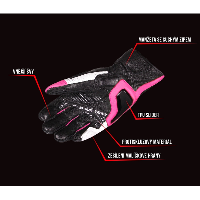 Ženske motoristične rokavice Street Racer XTR Black, White and Pink razprodaja