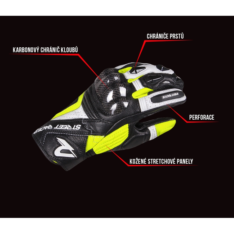 Motoristične rokavice Street Racer XTR črno-bele-fluo rumene - razprodaja