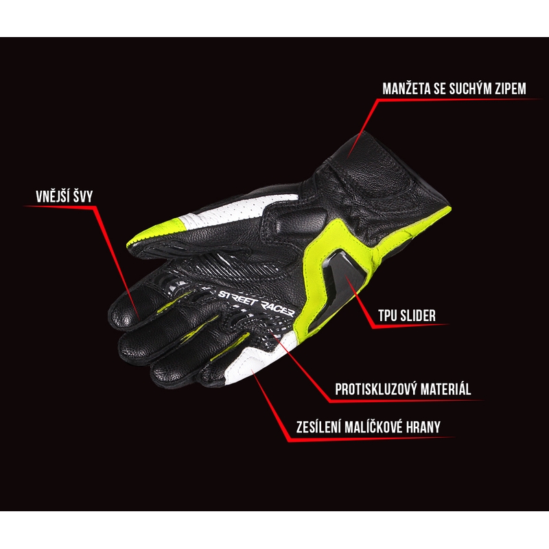 Motoristične rokavice Street Racer XTR črno-bele-fluo rumene - razprodaja