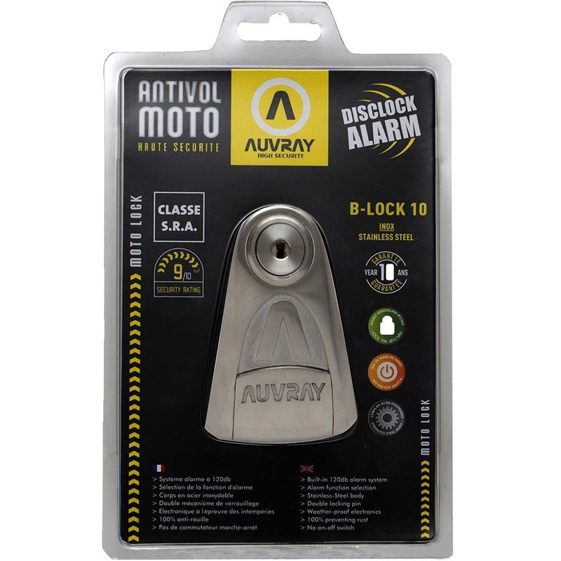 Zaklep zavornega diska Auvray B-Lock 10 z alarmom 120 dB, jekleno srebrne barve