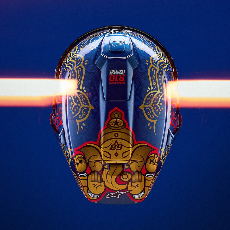 Celoobrazna motoristična čelada Alpinestars Supertech R10 Marthainator limited edition JORGE MARTIN modra biserno zlata rdeča