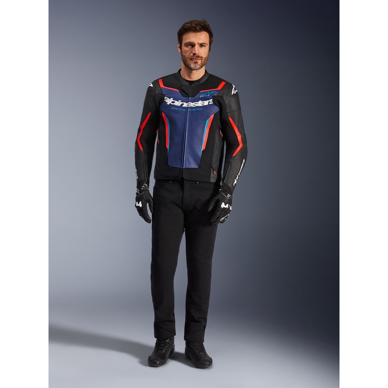Usnjena motoristična jakna Alpinestars GP Force V2 črno-modro-fluo rdeča