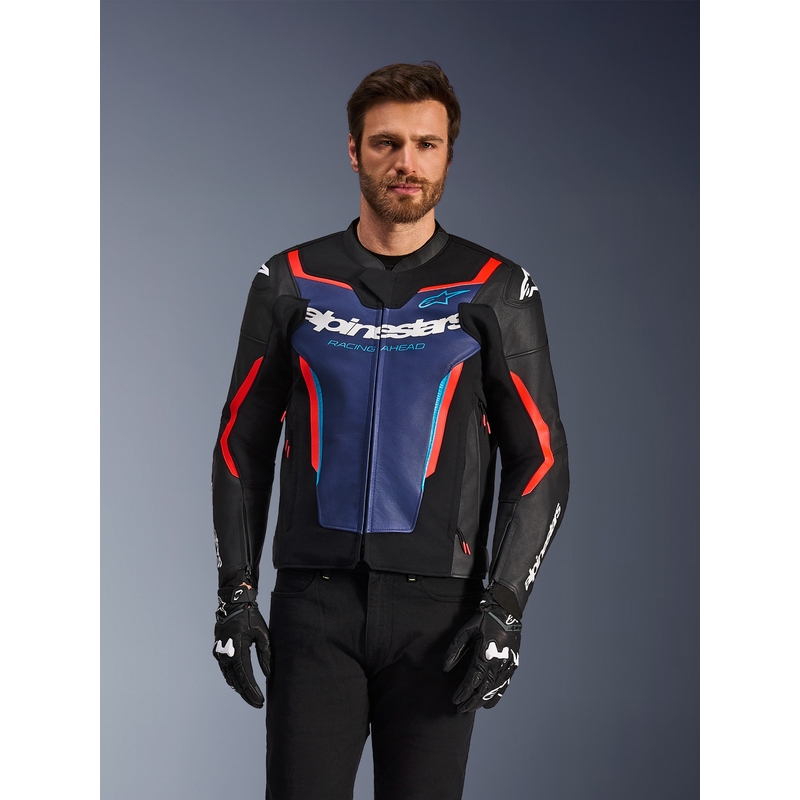 Usnjena motoristična jakna Alpinestars GP Force V2 črno-modro-fluo rdeča
