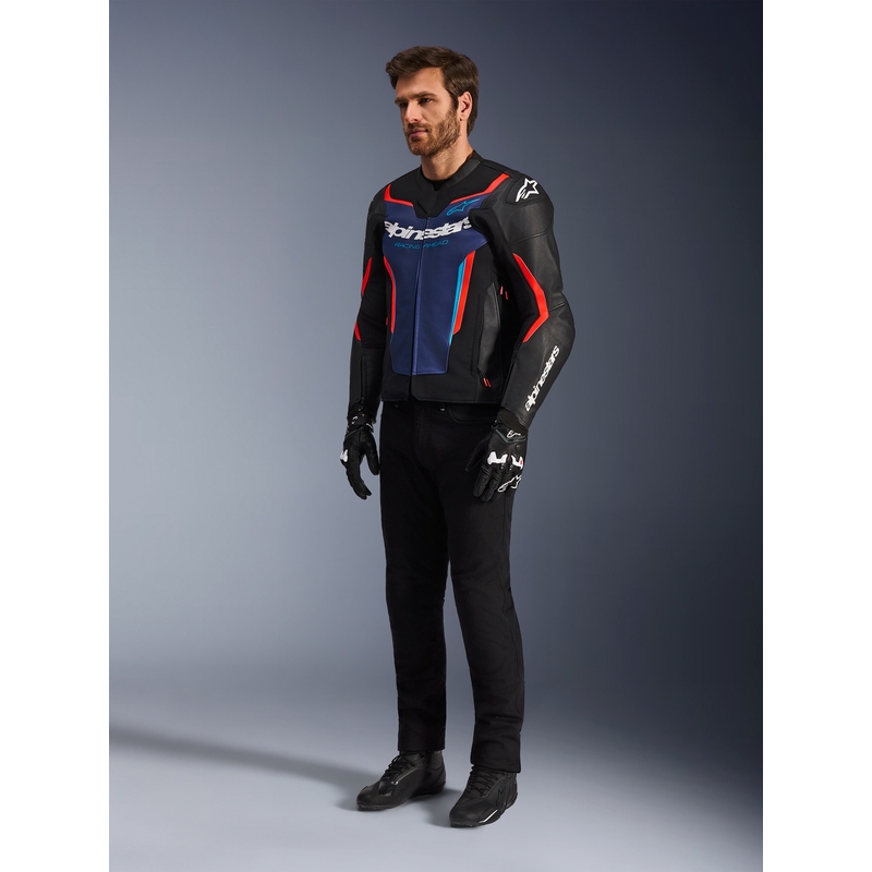 Usnjena motoristična jakna Alpinestars GP Force V2 črno-modro-fluo rdeča