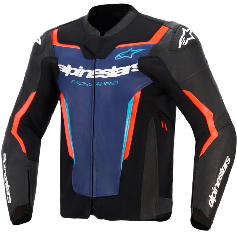 Usnjena motoristična jakna Alpinestars GP Force V2 črno-modro-fluo rdeča