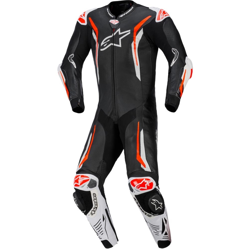 Alpinestars GP TECH V5 enodelni usnjen motoristični kombinezon črno-belo-fluo rdeč
