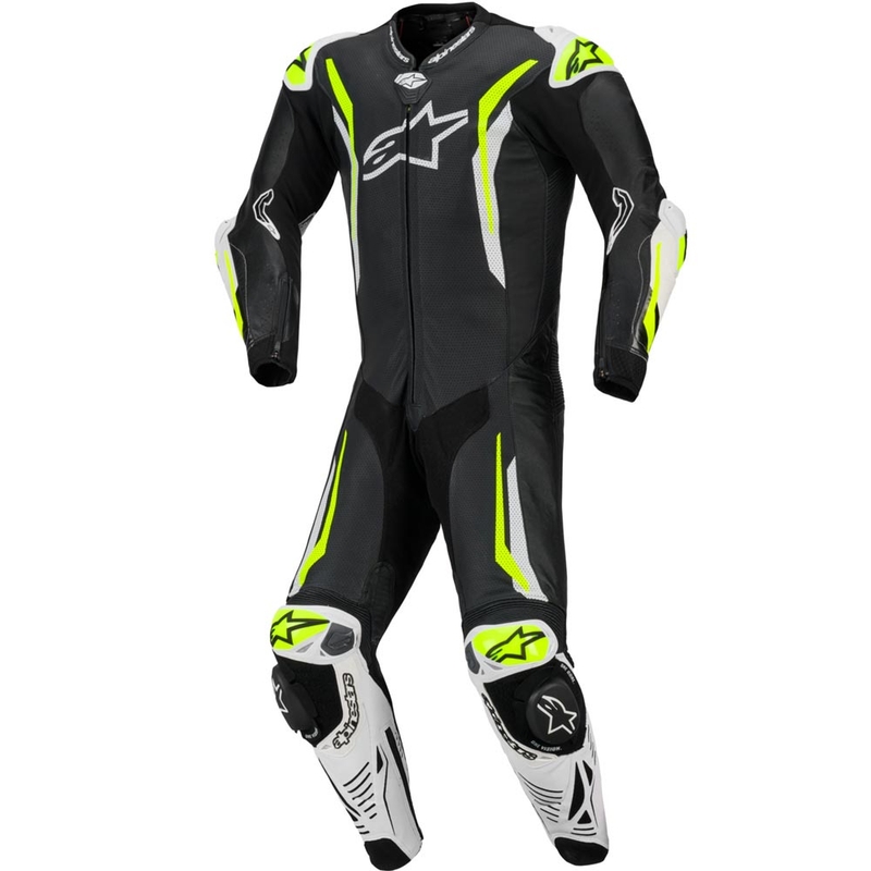 Alpinestars GP TECH V5 enodelni usnjen motoristični kombinezon črno-belo-fluo rumene barve