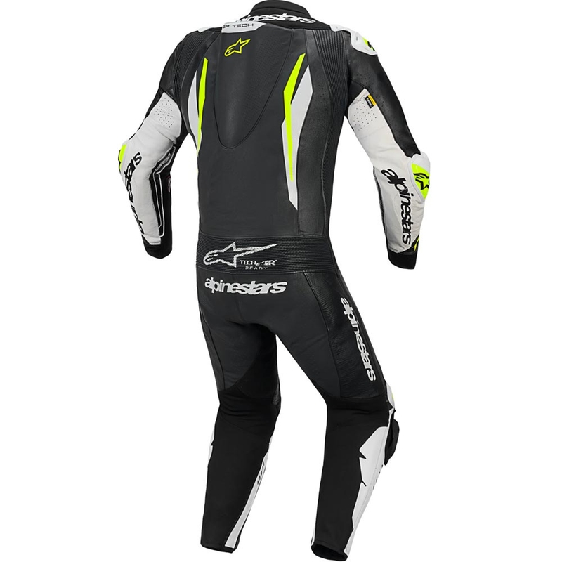 Alpinestars GP TECH V5 enodelni usnjen motoristični kombinezon črno-belo-fluo rumene barve