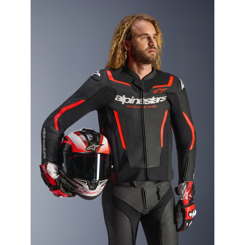 Usnjena motoristična jakna Alpinestars GP Force V2 črno-fluo rdeče-bela