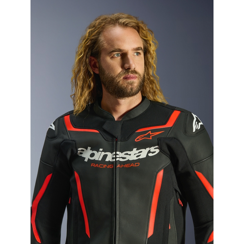 Usnjena motoristična jakna Alpinestars GP Force V2 črno-fluo rdeče-bela