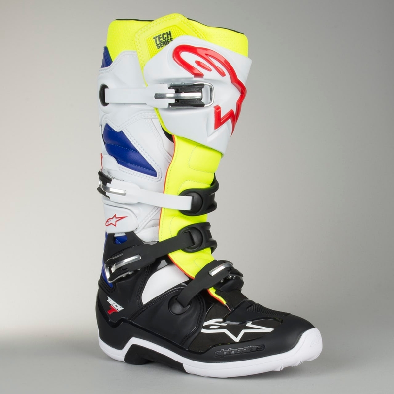 Alpinestars Tech 7 white-black-blue-red-fluo yellow motoristični škornji