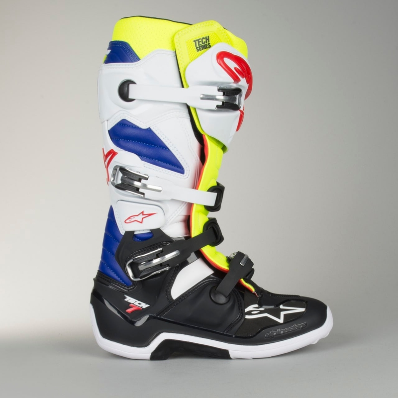 Alpinestars Tech 7 white-black-blue-red-fluo yellow motoristični škornji