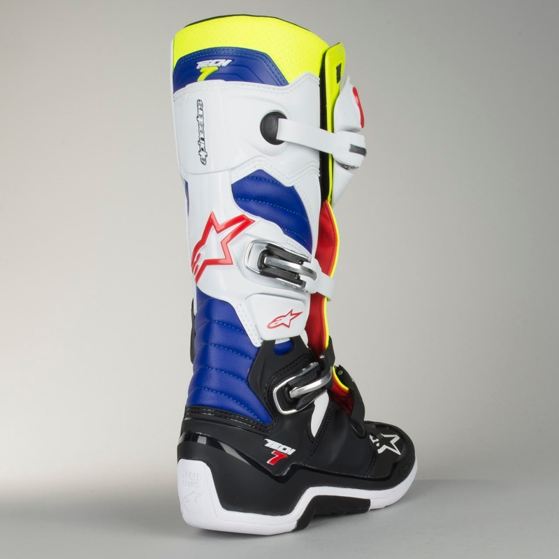 Alpinestars Tech 7 white-black-blue-red-fluo yellow motoristični škornji