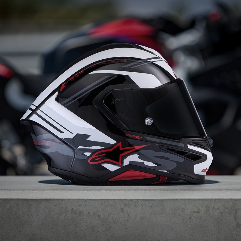 Alpinestars S-R7 A-Core motoristična čelada z integriranim obrazom črno-belo-rdeča