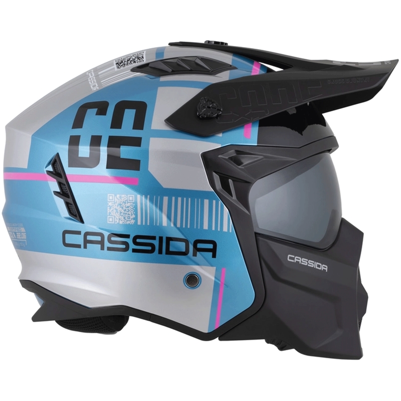 Modularna motoristična čelada Cassida Cross Country Code biserno modro-srebrno-roza-črna