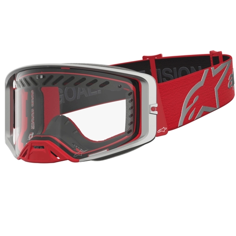 Motokros očala Alpinestars Supertech Dura Air Fluid rdeče-srebrne barve s prozornim pleksi steklom