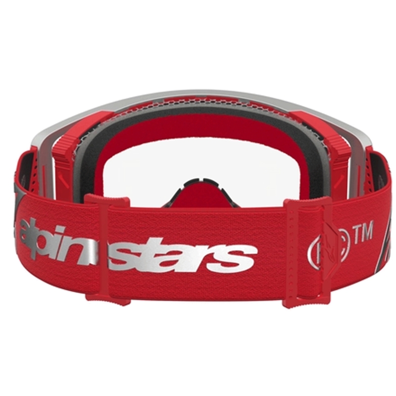 Motokros očala Alpinestars Supertech Dura Air Fluid rdeče-srebrne barve s prozornim pleksi steklom