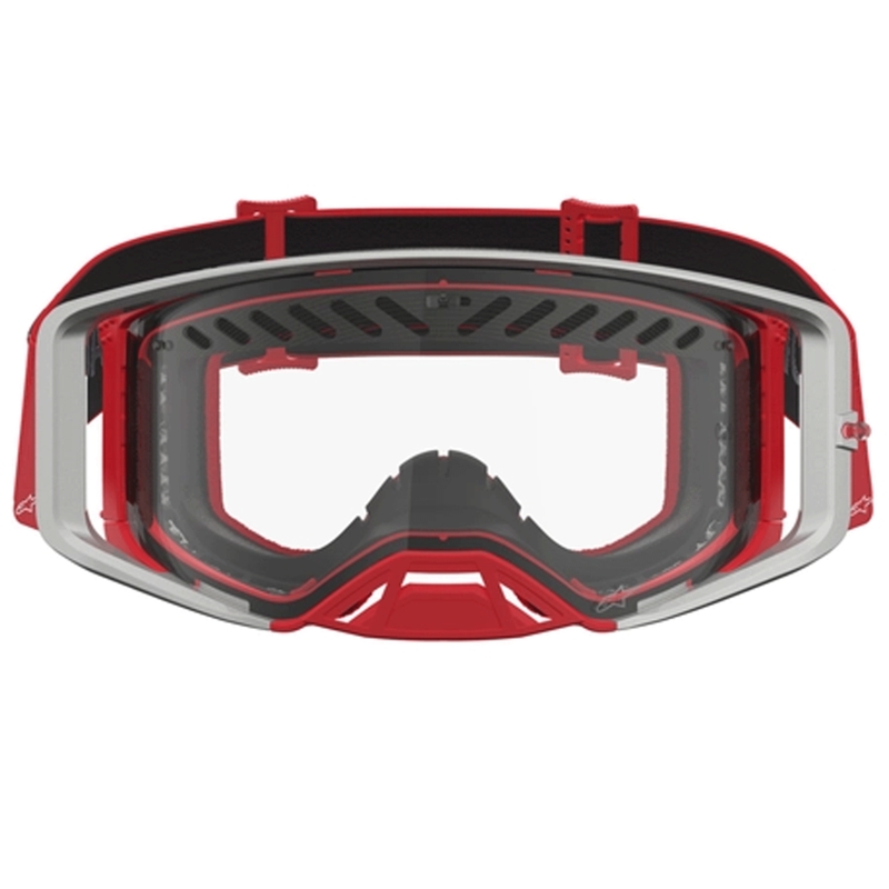 Motokros očala Alpinestars Supertech Dura Air Fluid rdeče-srebrne barve s prozornim pleksi steklom