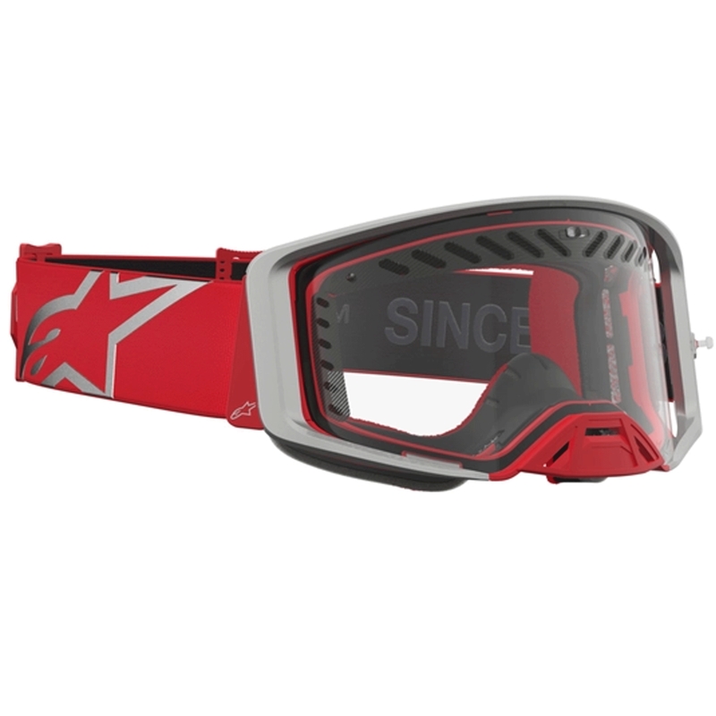 Motokros očala Alpinestars Supertech Dura Air Fluid rdeče-srebrne barve s prozornim pleksi steklom