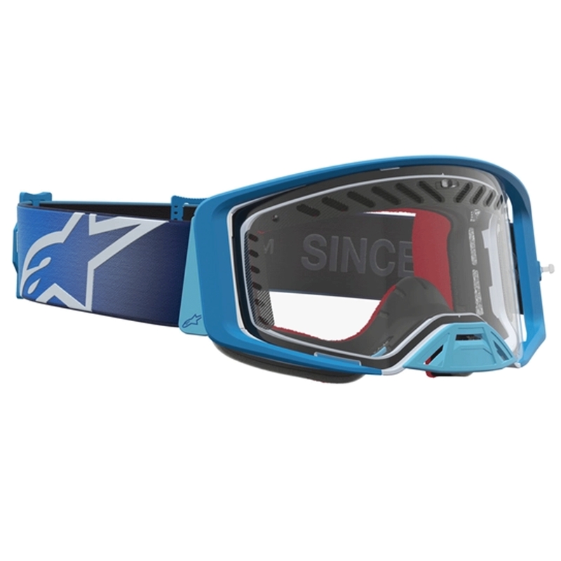 Motokros očala Alpinestars Supertech Dura Air Fluid modro-srebrna s prozornim pleksi steklom