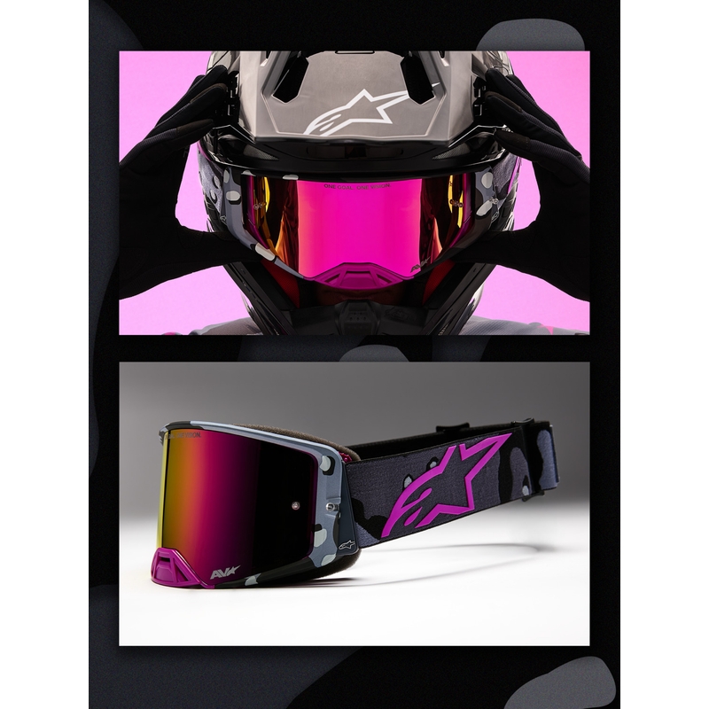 Motokros očala Alpinestars Supertech Lone vijolična maskirna z zrcalno roza pleksi steklom