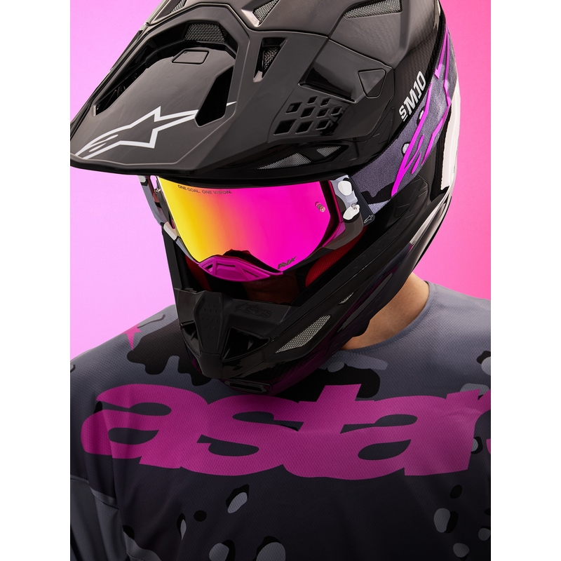 Motokros očala Alpinestars Supertech Lone vijolična maskirna z zrcalno roza pleksi steklom