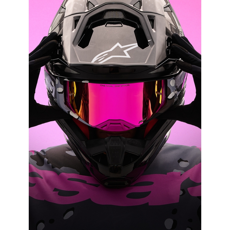 Motokros očala Alpinestars Supertech Lone vijolična maskirna z zrcalno roza pleksi steklom