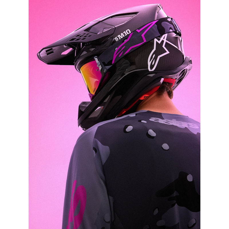 Motokros očala Alpinestars Supertech Lone vijolična maskirna z zrcalno roza pleksi steklom
