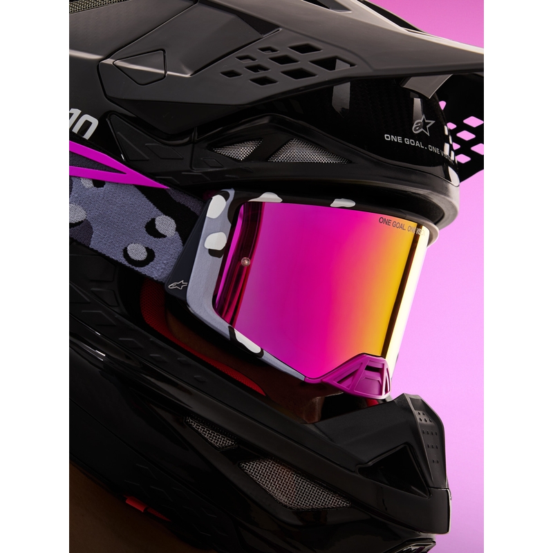 Motokros očala Alpinestars Supertech Lone vijolična maskirna z zrcalno roza pleksi steklom