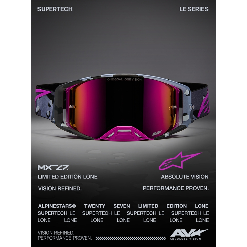 Motokros očala Alpinestars Supertech Lone vijolična maskirna z zrcalno roza pleksi steklom