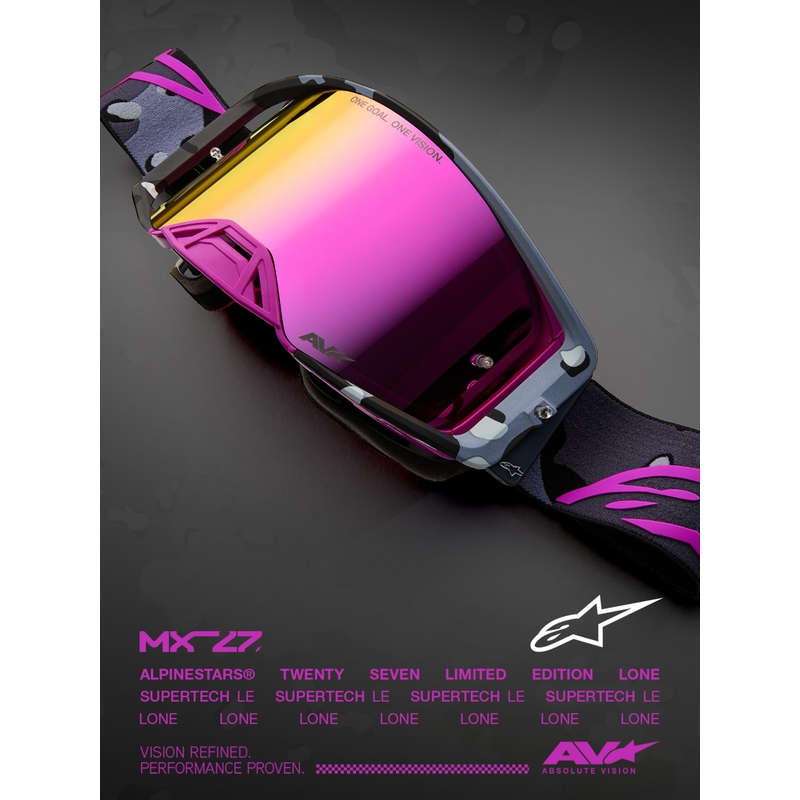 Motokros očala Alpinestars Supertech Lone vijolična maskirna z zrcalno roza pleksi steklom