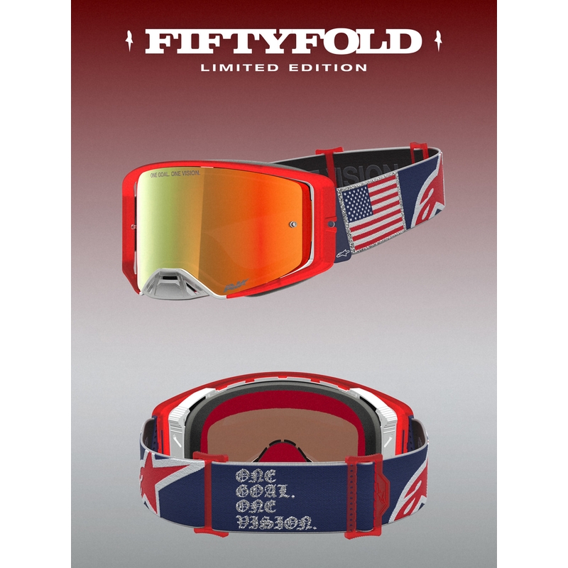 Motokros očala Alpinestars Supertech Fiftyfold modro-rdeče-bela z zrcalnim rdečim pleksi steklom