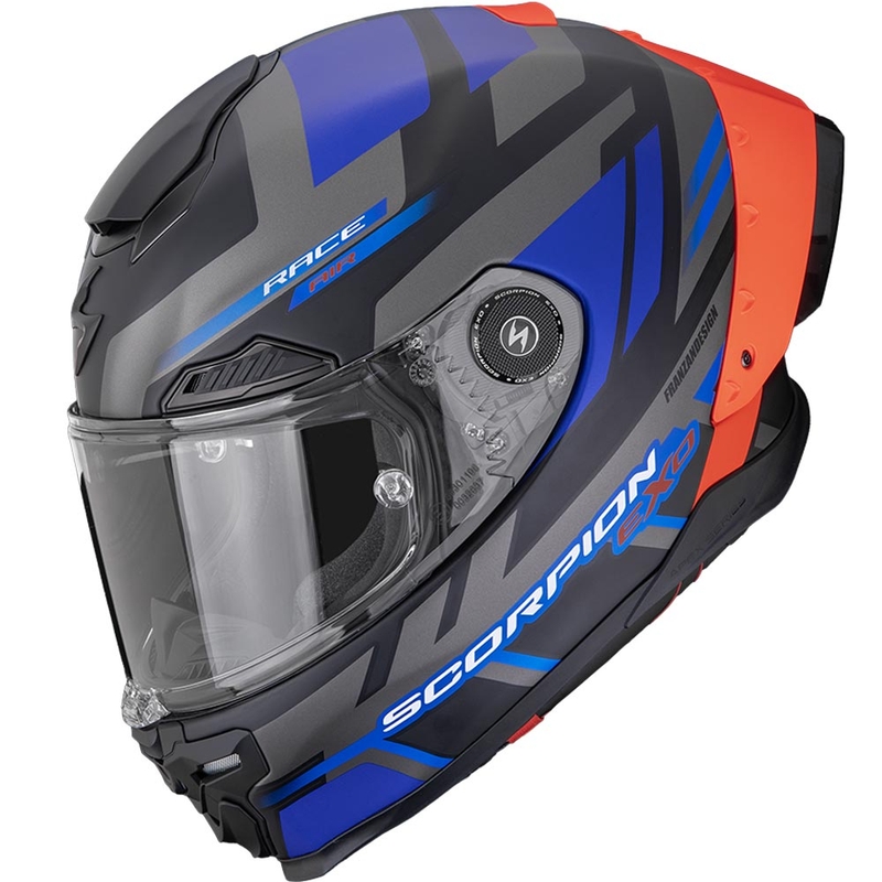 Scorpion EXO-RACE Air Carbon Fury motoristična čelada z integriranim obrazom, mat črno-sivo-modra