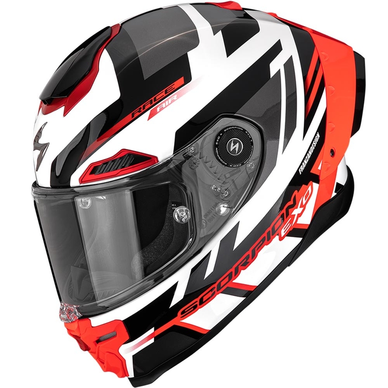 Scorpion EXO-RACE Air Carbon Fury motoristična čelada z integriranim obrazom, bela-srebrna-rdeča