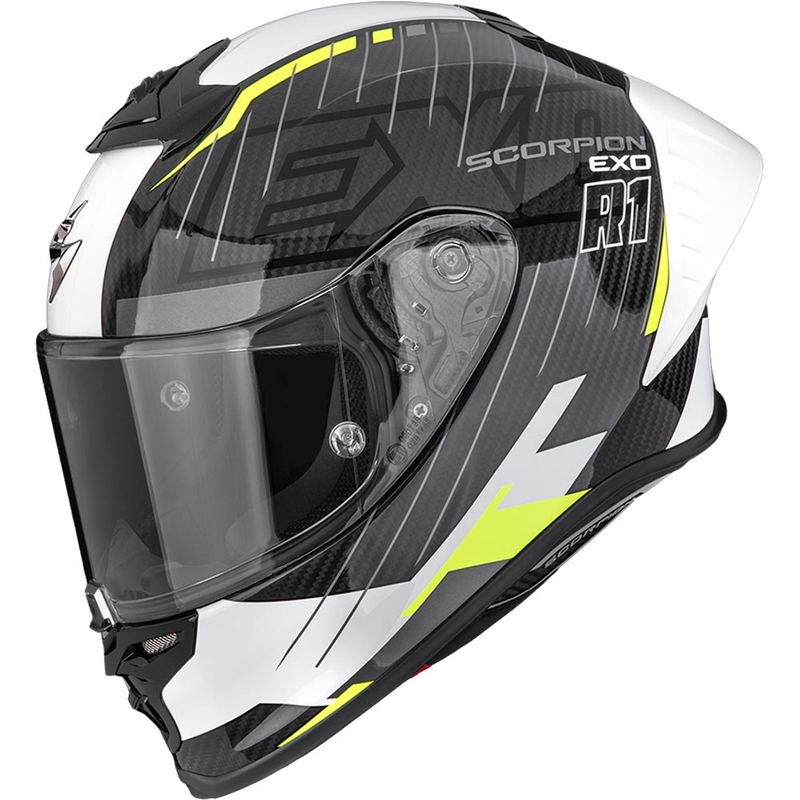 Scorpion EXO-R1 EVO II Air Surge integralna motoristična čelada črno-bela-fluo rumena