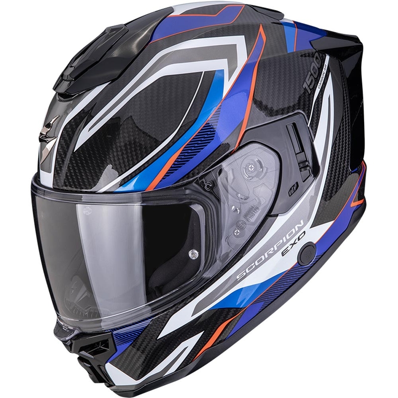 Scorpion EXO-1500 Carbon Air Hydro motoristična čelada z integriranim obrazom črno-belo-modra