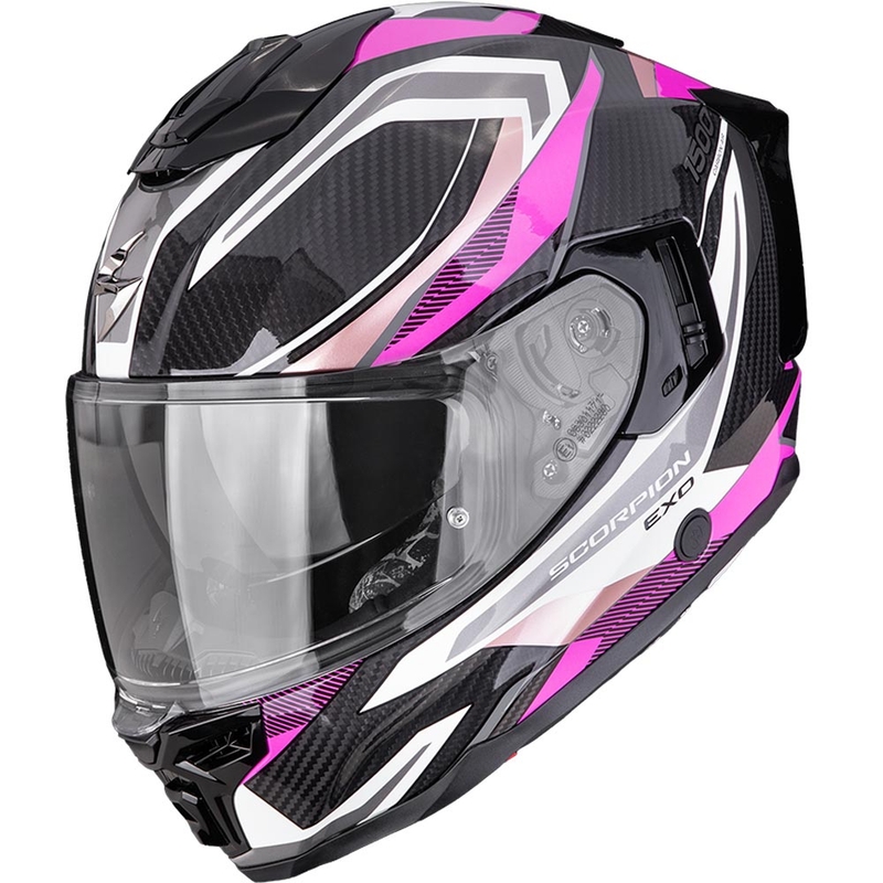 Scorpion EXO-1500 Carbon Air Hydro motoristična čelada z integriranim obrazom črno-belo-roza