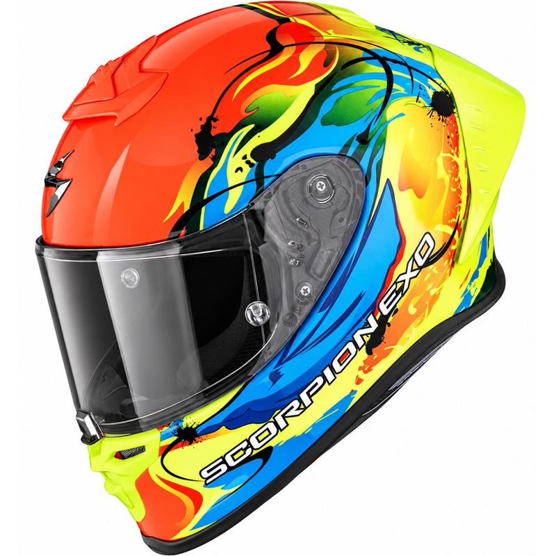 Scorpion EXO-R1 EVO II Air Thrust motoristična čelada z integriranim obrazom, fluo rdeča-modro-rumena