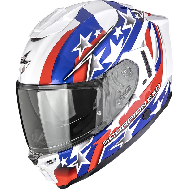 Scorpion EXO-1500 Air Etoile motoristična čelada z integriranim obrazom, belo-modro-rdeča