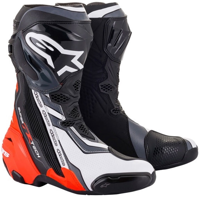Motoristični škornji Alpinestars Supertech R črno-fluo rdeče-belo-sivi