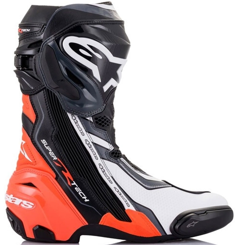 Motoristični škornji Alpinestars Supertech R črno-fluo rdeče-belo-sivi