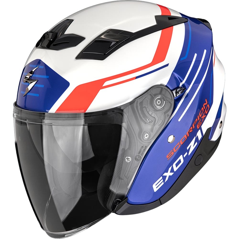 Odprta motoristična čelada Scorpion EXO-Z1 Prymus, belo-modro-rdeča