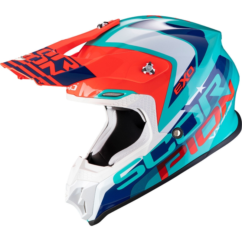 Motokros čelada Scorpion VX-16 Air Nation zeleno-modro-rdeča razprodaja