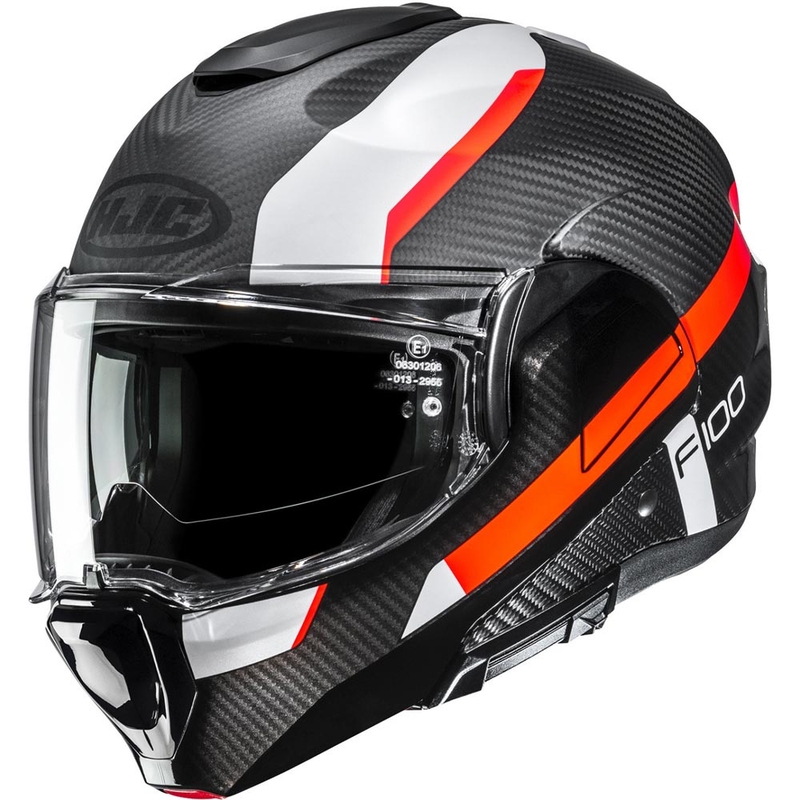Preklopna motoristična čelada HJC F100 Carbon Askan MC6HSF črno-oranžno-belo-rdeča